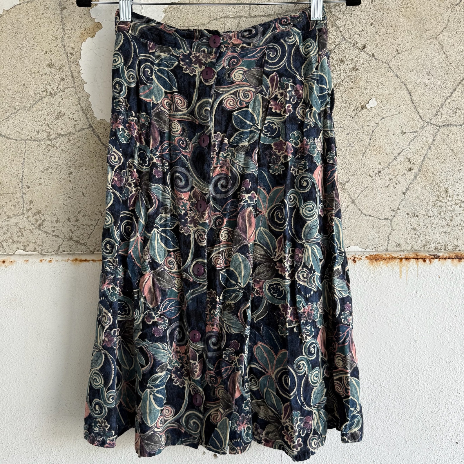 Vintage Midi Skirt Floral Swirl Print 90s Rayon Button Front Boho Cottagecore S